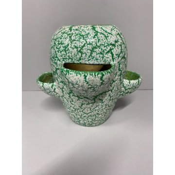 VASO CERAMICA VINTAGE ANNI '60 SMALTO VERDE BIANCO COLTIVAZIONE FRAGOLE 20cm/h