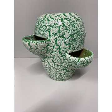 VASO CERAMICA VINTAGE ANNI '60 SMALTO VERDE BIANCO COLTIVAZIONE FRAGOLE 20cm/h