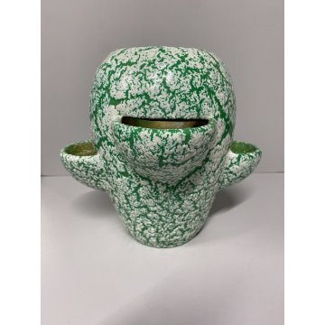 VASO CERAMICA VINTAGE ANNI '60 SMALTO VERDE BIANCO COLTIVAZIONE FRAGOLE 20cm/h