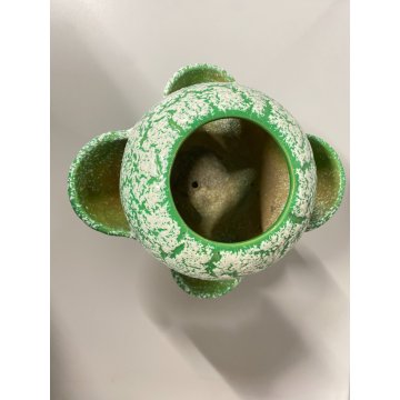 VASO CERAMICA VINTAGE ANNI '60 SMALTO VERDE BIANCO COLTIVAZIONE FRAGOLE 20cm/h