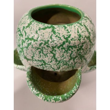 VASO CERAMICA VINTAGE ANNI '60 SMALTO VERDE BIANCO COLTIVAZIONE FRAGOLE 20cm/h