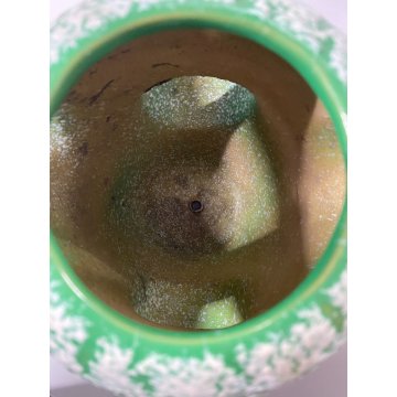 VASO CERAMICA VINTAGE ANNI '60 SMALTO VERDE BIANCO COLTIVAZIONE FRAGOLE 20cm/h