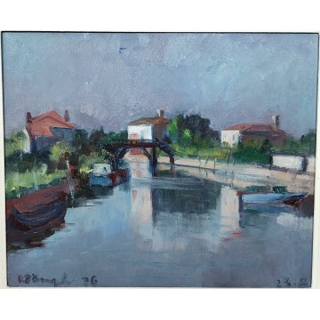 ANTICO QUADRO DIPINTO Alfredo D'Angelo 1976 PAESAGGIO Mazzorbo LAGUNA Venezia