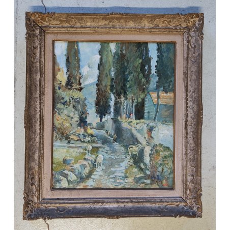 ANTICO QUADRO DIPINTO OLIO Primo Nolli EPOCA 900 PAESAGGIO MONTAGNA pecore BAITA