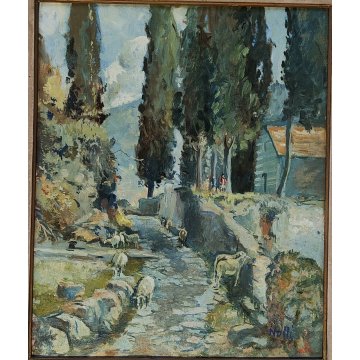 ANTICO QUADRO DIPINTO OLIO Primo Nolli EPOCA 900 PAESAGGIO MONTAGNA pecore BAITA