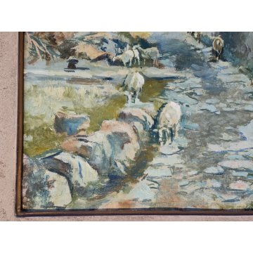 ANTICO QUADRO DIPINTO OLIO Primo Nolli EPOCA 900 PAESAGGIO MONTAGNA pecore BAITA