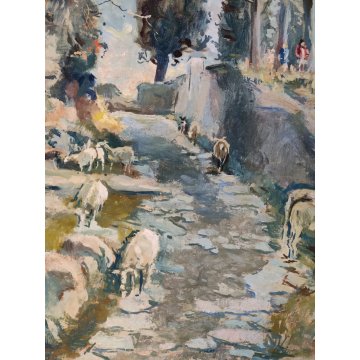 ANTICO QUADRO DIPINTO OLIO Primo Nolli EPOCA 900 PAESAGGIO MONTAGNA pecore BAITA