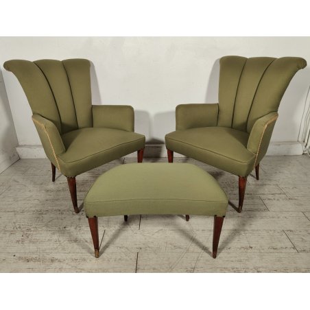 ANTICO SET SALOTTO Verde Oliva 2 POLTRONE CONCHIGLIA + POUF epoca 900 legno SALA
