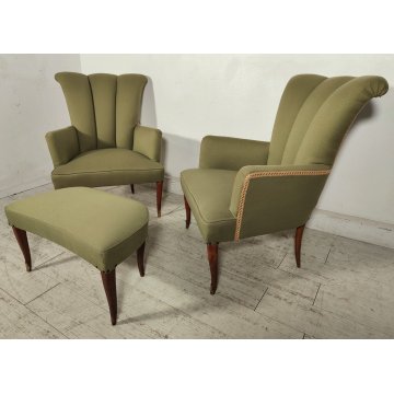 ANTICO SET SALOTTO Verde Oliva 2 POLTRONE CONCHIGLIA + POUF epoca 900 legno SALA