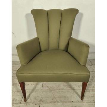 ANTICO SET SALOTTO Verde Oliva 2 POLTRONE CONCHIGLIA + POUF epoca 900 legno SALA