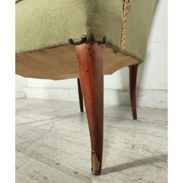 ANTICO SET SALOTTO Verde Oliva 2 POLTRONE CONCHIGLIA + POUF epoca 900 legno SALA