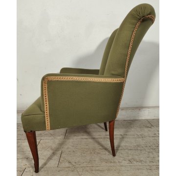 ANTICO SET SALOTTO Verde Oliva 2 POLTRONE CONCHIGLIA + POUF epoca 900 legno SALA
