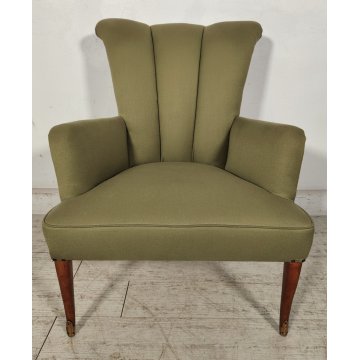 ANTICO SET SALOTTO Verde Oliva 2 POLTRONE CONCHIGLIA + POUF epoca 900 legno SALA