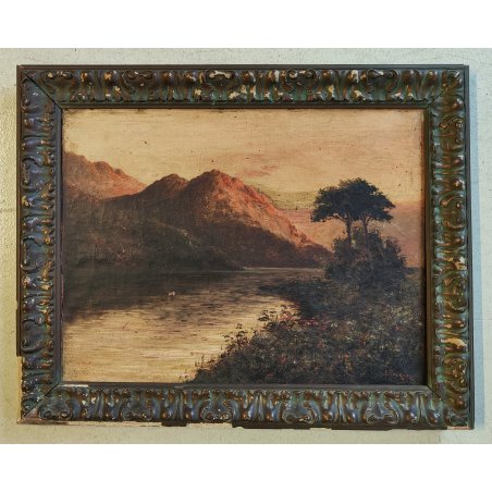 ANTICO DIPINTO OLIO TELA firmato PAESAGGIO MARINA TRAMONTO LAGO epoca 900 monti