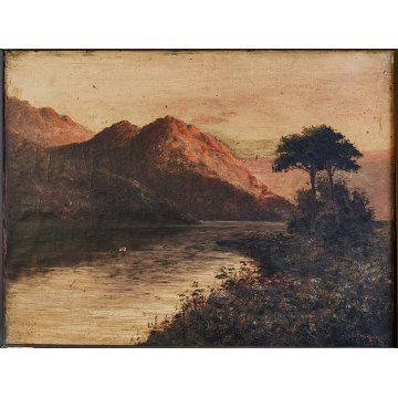 ANTICO DIPINTO OLIO TELA firmato PAESAGGIO MARINA TRAMONTO LAGO epoca 900 monti