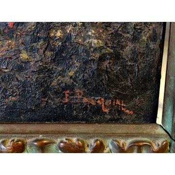 ANTICO DIPINTO OLIO TELA firmato PAESAGGIO MARINA TRAMONTO LAGO epoca 900 monti