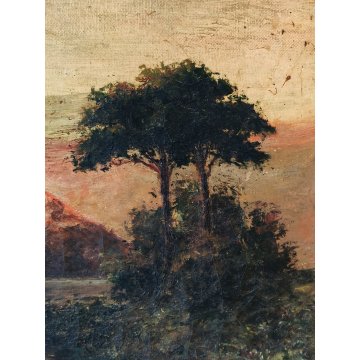 ANTICO DIPINTO OLIO TELA firmato PAESAGGIO MARINA TRAMONTO LAGO epoca 900 monti