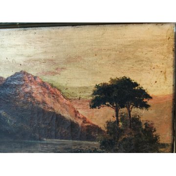 ANTICO DIPINTO OLIO TELA firmato PAESAGGIO MARINA TRAMONTO LAGO epoca 900 monti