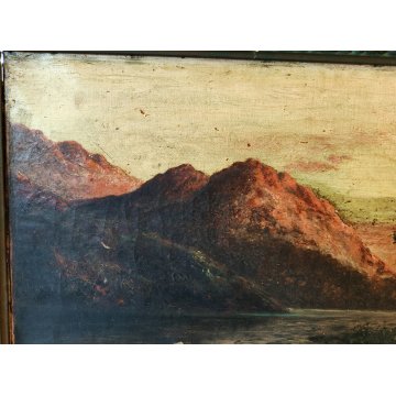 ANTICO DIPINTO OLIO TELA firmato PAESAGGIO MARINA TRAMONTO LAGO epoca 900 monti