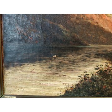 ANTICO DIPINTO OLIO TELA firmato PAESAGGIO MARINA TRAMONTO LAGO epoca 900 monti