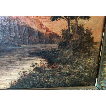 ANTICO DIPINTO OLIO TELA firmato PAESAGGIO MARINA TRAMONTO LAGO epoca 900 monti