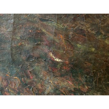 ANTICO DIPINTO OLIO TELA firmato PAESAGGIO MARINA TRAMONTO LAGO epoca 900 monti