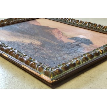 ANTICO DIPINTO OLIO TELA firmato PAESAGGIO MARINA TRAMONTO LAGO epoca 900 monti