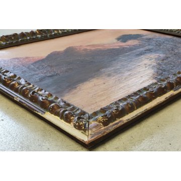 ANTICO DIPINTO OLIO TELA firmato PAESAGGIO MARINA TRAMONTO LAGO epoca 900 monti