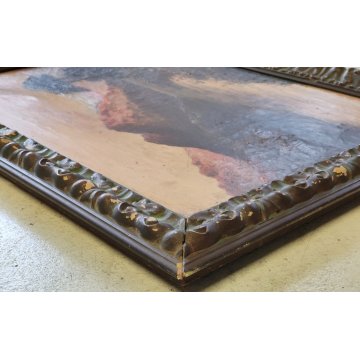 ANTICO DIPINTO OLIO TELA firmato PAESAGGIO MARINA TRAMONTO LAGO epoca 900 monti