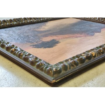 ANTICO DIPINTO OLIO TELA firmato PAESAGGIO MARINA TRAMONTO LAGO epoca 900 monti