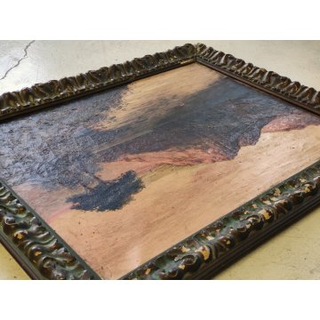 ANTICO DIPINTO OLIO TELA firmato PAESAGGIO MARINA TRAMONTO LAGO epoca 900 monti