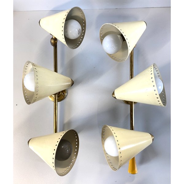 COPPIA APPLIQUE 3 CONI BIANCO OTTONE DESIGN MID CENTURY MODERN Stilnovo ARTELUCE