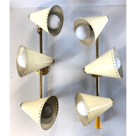 COPPIA APPLIQUE 3 CONI BIANCO OTTONE DESIGN MID CENTURY MODERN Stilnovo ARTELUCE