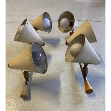 COPPIA APPLIQUE 3 CONI BIANCO OTTONE DESIGN MID CENTURY MODERN Stilnovo ARTELUCE