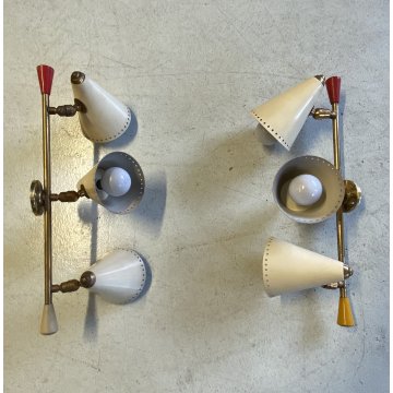 COPPIA APPLIQUE 3 CONI BIANCO OTTONE DESIGN MID CENTURY MODERN Stilnovo ARTELUCE