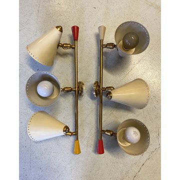 COPPIA APPLIQUE 3 CONI BIANCO OTTONE DESIGN MID CENTURY MODERN Stilnovo ARTELUCE