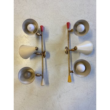 COPPIA APPLIQUE 3 CONI BIANCO OTTONE DESIGN MID CENTURY MODERN Stilnovo ARTELUCE