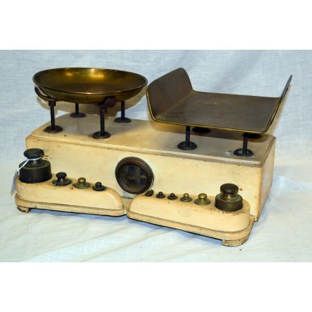 ANTICA BILANCIA 2 PIATTI CUCINA PESA MARMO LEGNO OTTONE Set Pesi 5 KG 10 PESI