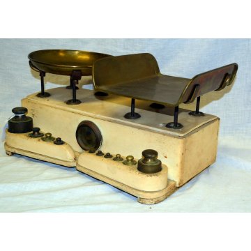 ANTICA BILANCIA 2 PIATTI CUCINA PESA MARMO LEGNO OTTONE Set Pesi 5 KG 10 PESI