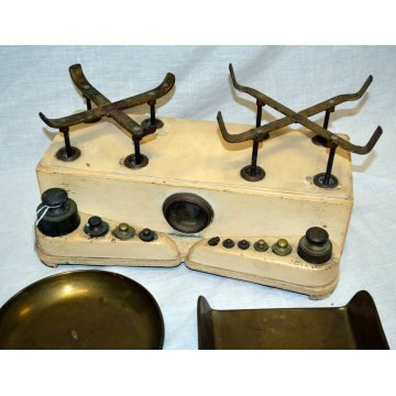 ANTICA BILANCIA 2 PIATTI CUCINA PESA MARMO LEGNO OTTONE Set Pesi 5 KG 10 PESI