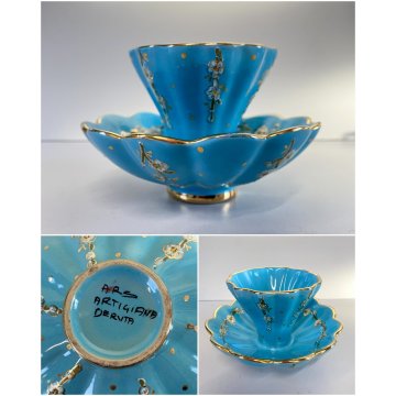 PICCOLO VASO MAIOLICA DERUTA a CONCHIGLIA AZZURRO ORO DECORO FLOREALE ø 12,5 cm