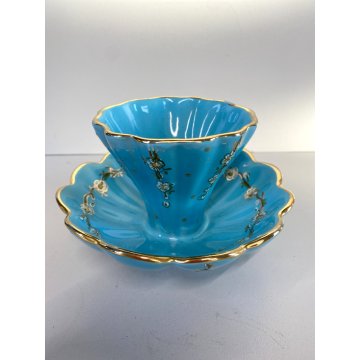 PICCOLO VASO MAIOLICA DERUTA a CONCHIGLIA AZZURRO ORO DECORO FLOREALE ø 12,5 cm