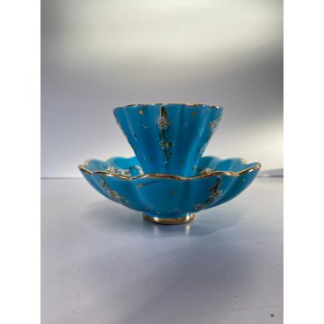PICCOLO VASO MAIOLICA DERUTA a CONCHIGLIA AZZURRO ORO DECORO FLOREALE ø 12,5 cm
