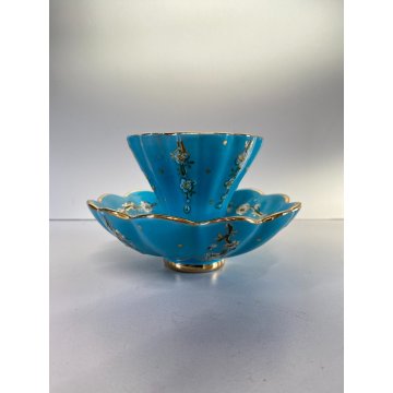 PICCOLO VASO MAIOLICA DERUTA a CONCHIGLIA AZZURRO ORO DECORO FLOREALE ø 12,5 cm
