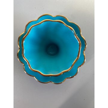 PICCOLO VASO MAIOLICA DERUTA a CONCHIGLIA AZZURRO ORO DECORO FLOREALE ø 12,5 cm