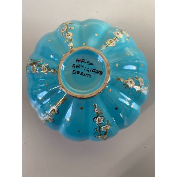 PICCOLO VASO MAIOLICA DERUTA a CONCHIGLIA AZZURRO ORO DECORO FLOREALE ø 12,5 cm