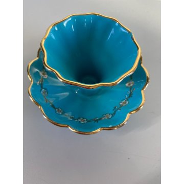 PICCOLO VASO MAIOLICA DERUTA a CONCHIGLIA AZZURRO ORO DECORO FLOREALE ø 12,5 cm