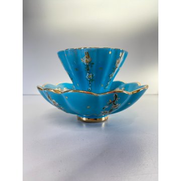 PICCOLO VASO MAIOLICA DERUTA a CONCHIGLIA AZZURRO ORO DECORO FLOREALE ø 12,5 cm