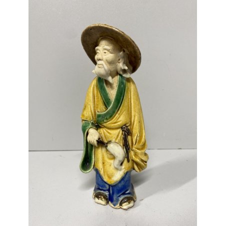 SCULTURA VINTAGE MUD MAN Pescatore CINESE GRES SMALTO POLICROMO 16 cm/h  XX sec.