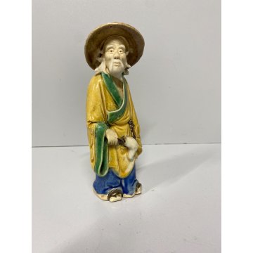 SCULTURA VINTAGE MUD MAN Pescatore CINESE GRES SMALTO POLICROMO 16 cm/h  XX sec.